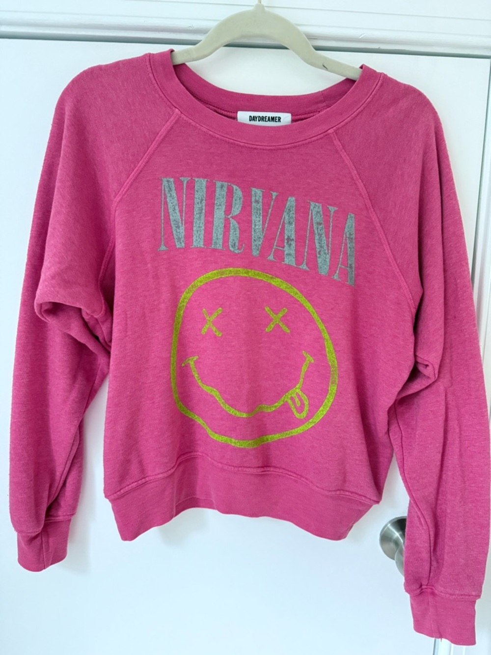 Daydreamer Nirvana Smiley Raglan Crew Pink Cosmo XS Revolve - Picture 2 of 5